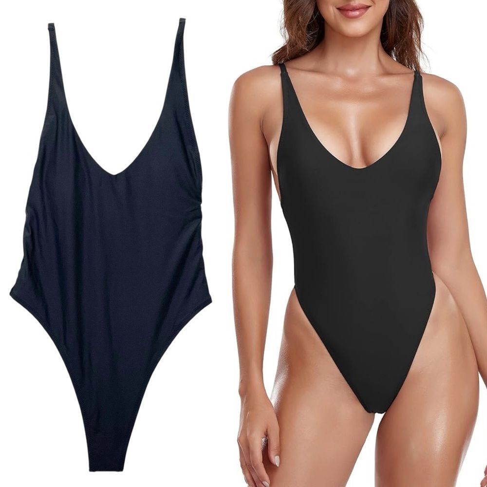 NWT Relleciga Black One Piece Swimsuit Size Small Thong High Cut V Neck Bodysuit